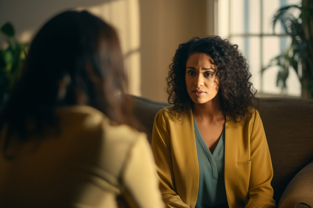 Two people discussing the link between depression and drug abuse