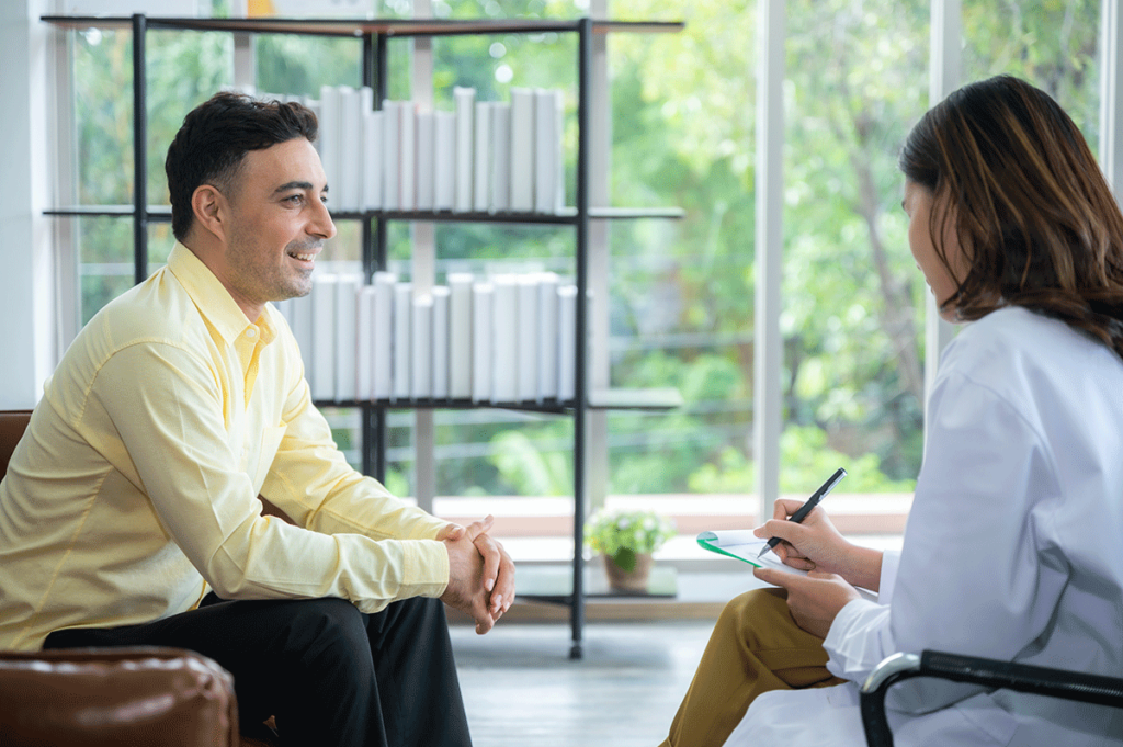 A patient learning about psychotherapy for addiction